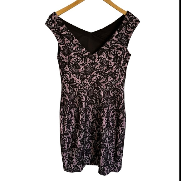 Kay Unger Womens 8 Pink Black Lace Overlay Elegant Sheath Dress Wedding Party - Picture 3 of 9